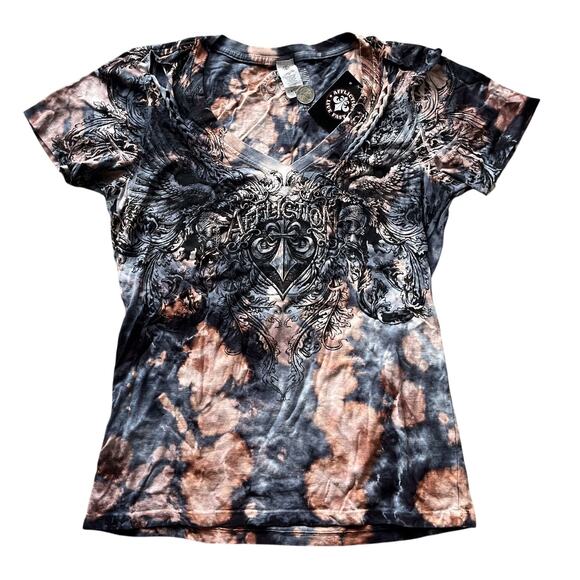 NWT AFFLICITION Live Fast Wmns Graphic Bleach Distressed Braid AOP V Neck Wings - Picture 1 of 11